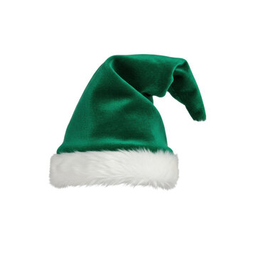 luxurious emerald green velvet elf hat, thick white faux fur trim and pom-pom, macro detail emphasizing tactile texture, isolated on transparent. concept for premium holiday product display