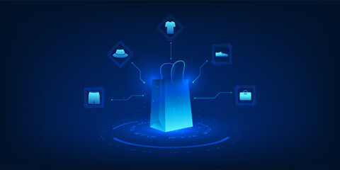 Online Shopping and E-commerce Technology Background, Digital Shopping Bag Connected with Fashion Brand Icons, Online Retail Business, Clothing Store Marketplace, Mobile Commerce, Digital Marketing