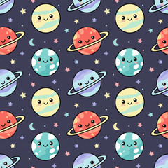Seamless pattern of smiling planet characters with faces in a flat cartoon space style