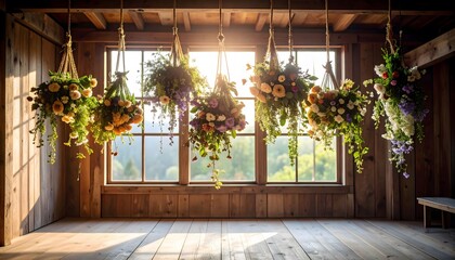 Rustic Interior with Hanging Floral Arrangements and Natural Sunlight