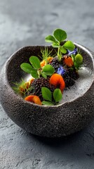 Elevated plant-based gourmet dish with molecular gastronomy foam, modern Nordic cuisine style, clean neutral background, ultra realistic 8k, copy space