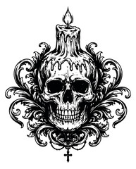 Obraz premium Gothic line art illustration of a skull and melting candle depicting ornate baroque decoration for a vintage design