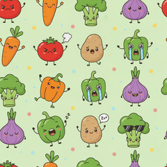 Seamless pattern of cute vegetable characters showing different emotions like happy, angry, and sleepy