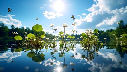 Serene Waterscape: White Flowers, Butterflies, and Sky Reflections on a Calm Lake