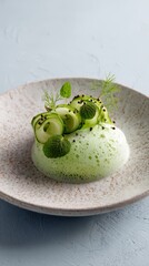 Elevated plant-based gourmet dish with molecular gastronomy foam, modern Nordic cuisine style, clean neutral background, ultra realistic 8k, copy space