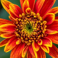 Close-up of a vibrant, multi-layered flower with red, orange, and yellow petals