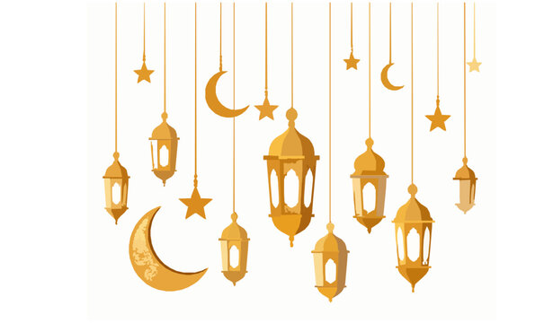 Ramadan Kareem golden lantern garland vector with crescent moon and star ornaments