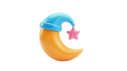 3D Crescent Moon with Sleep Cap and Star Icon