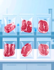 Six cuts of raw beef in clear plastic bags, arranged on a light blue surface