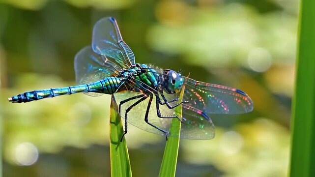 Colorful dragonfly perched on green blades of grass, surrounded by a blurred natural background