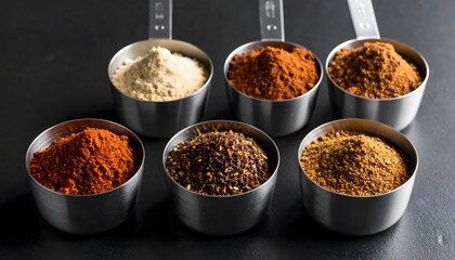 Six Aromatic Spice Blends in Metal Cups on Dark Background