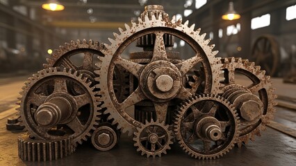 Rusty Vintage Industrial Gears Interlocking in a Factory Setting