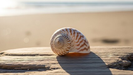 Seashell resting on wooden surface at beach with ocean in background