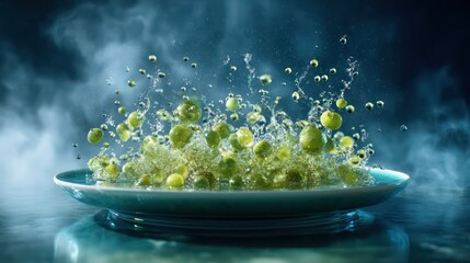 A frozen explosion of luminous fruit juice droplets fills midair above a reflective ceramic plate. droplet refracts inner glow,