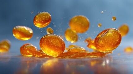 A frozen explosion of luminous fruit juice droplets fills midair above a reflective ceramic plate. droplet refracts inner glow,