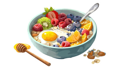 Healthy breakfast bowl with yogurt oats fresh berries citrus fruit nuts honey spoon detailed food illustration isolated on white background
