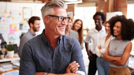 A mature professional shares a joyful moment with colleagues in a bright, modern office setting, conveying a sense of collaboration and positive workplace culture.