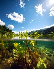 Split-level view of aquatic plants in a lake under a bright blue sky.