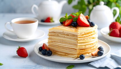 Stacked Crepe Cake with Berries, Mint, and Tea, a Delicious Dessert