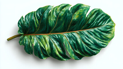 Large green tropical leaf with prominent veins on white background, isolated monstera deliciosa leaf with natural light and subtle shadows, perfect for design and decoration