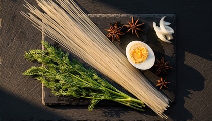 Overhead flat lay composition of raw Asian rice noodles, fresh dill, sliced hard-boiled egg, star anise, and onion slices arranged on a dark slate board.