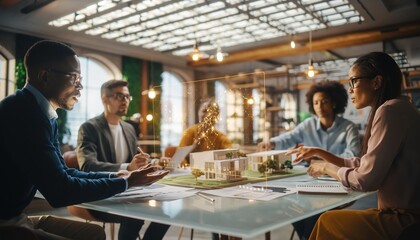 Diverse team of architects or real estate professionals collaborating around a glass table, reviewing a holographic projection of a modern house model during a business meeting.