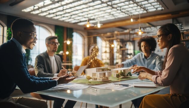 Diverse team of architects or real estate professionals collaborating around a glass table, reviewing a holographic projection of a modern house model during a business meeting. - Powered by Adobe