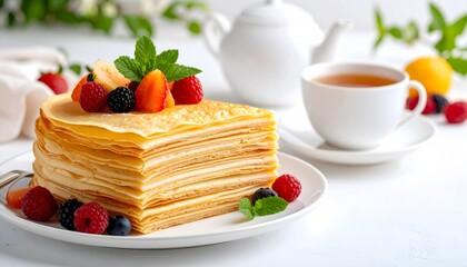 Stacked Crepes with Berries and Mint, Served with Tea, Bright and Delicious.