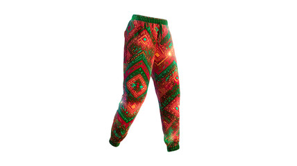 Colorful geometric patterned jogger pants with elastic waistband and tapered legs fashion apparel isolated on white background
