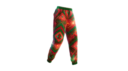 Colorful geometric patterned jogger pants with elastic waistband and tapered legs fashion apparel isolated on white background