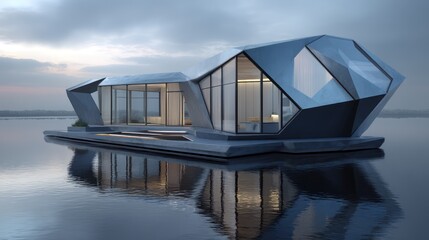 A futuristic floating home with geometric metal framework and glass walls resting still water clean lines mirrored perfectly