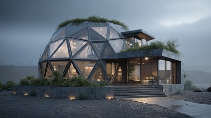 A futuristic geodesic dome residence with faceted glass steel frame and rooftop greenery Minimal gravel landscaping surrounds base