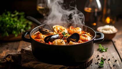 Steaming Seafood Stew in a Black Pot with Mussels and Shrimp, Rustic Setting
