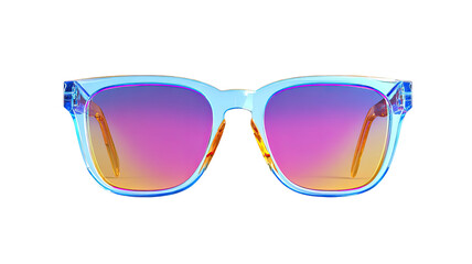 Colorful mirrored sunglasses with transparent blue frame and gradient lenses studio product shot isolated on white background