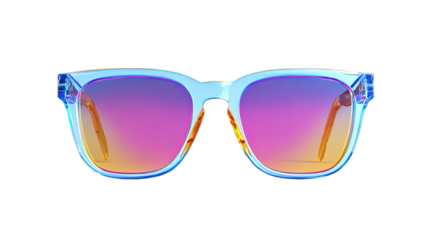 Colorful mirrored sunglasses with transparent blue frame and gradient lenses studio product shot isolated on white background
