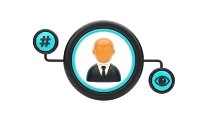 3D Avatar with Hashtag and Eye Icons