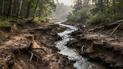 Environmental degradation from logging causing erosion near river landscape