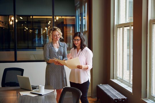 Business, women and reading folder in office for real estate, planning and property listing. People, team and documents with client portfolio, review contract and auction information for negotiation