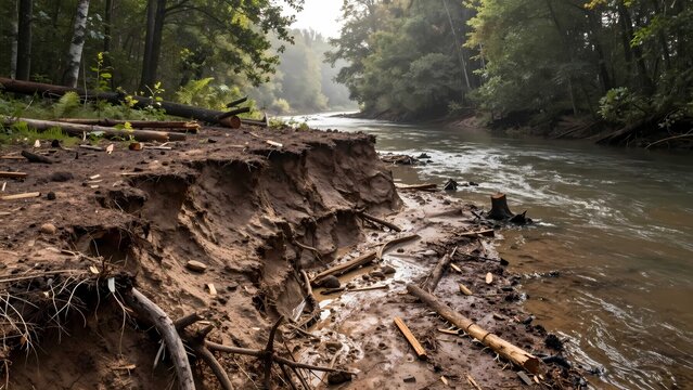 Forest erosion along riverbank showing soil degradation runoff and habitat damage
