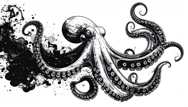 Detailed black and white octopus illustration with ink splatters.