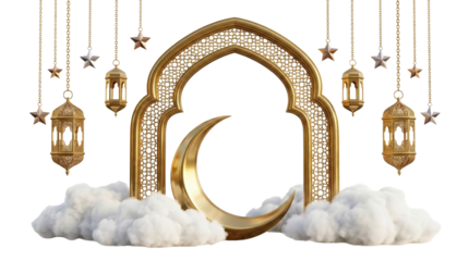 Golden Ramadan Arch with Moon, Lanterns, Stars, and Clouds - Islamic Celebration