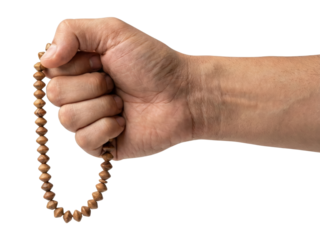 Hand holding prayer beads, religious, spiritual, isolated on white background