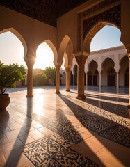 Sunlit Arches and Patterned Floors: A Mosque's Serene Interior at Golden Hour