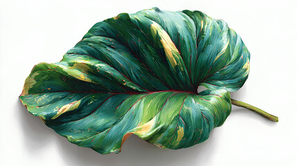 Large green leaf with yellow spots on white background, close up of tropical plant foliage with stem
