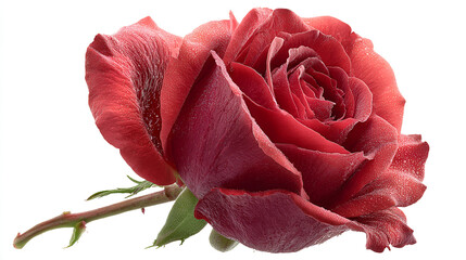 A stunning close up of a single deep red rose with lush green leaves on a white background, perfect for romantic occasions and floral designs
