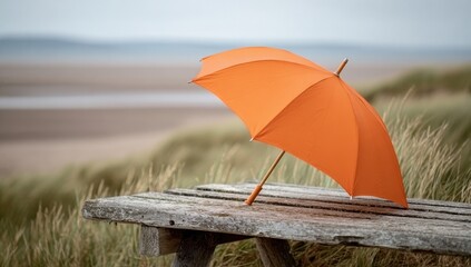 Vibrant Orange Umbrella Resting on Rustic Bench by Coastal Dunes on a Gloomy Day.