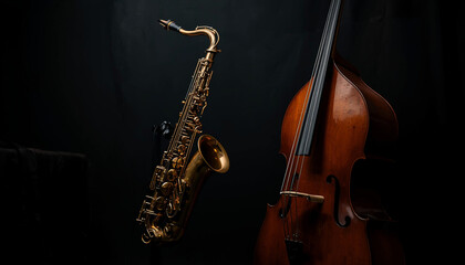 Naklejka premium Saxophone and cello on dark background for jazz music concept