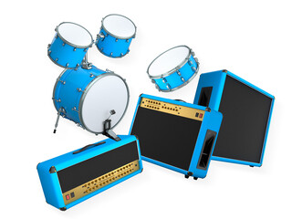 Drum set with matching guitar amplifiers isolated on white background. Concept of rock music and performance