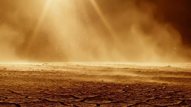 Barren dry cracked earth landscape with blowing dust
