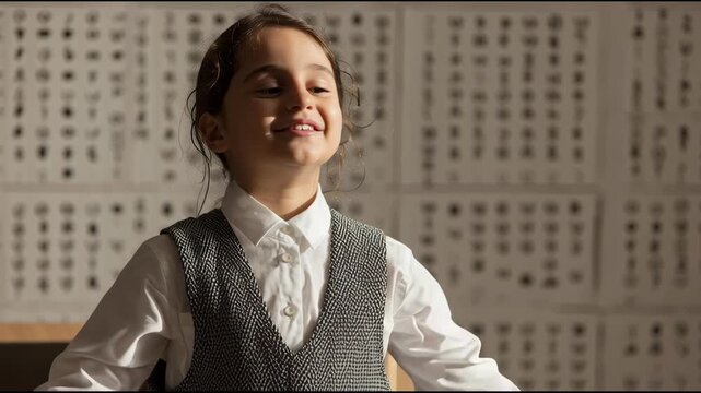 Portrait of a young girl sitting in a classroom with vision charts on the wall behind her.
